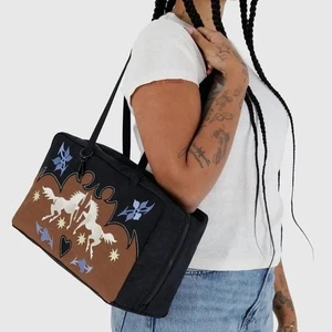 Baggu Medium Nylon Bowler Bag Western Applique Horse Black Brown Purple - Picture 1 of 8