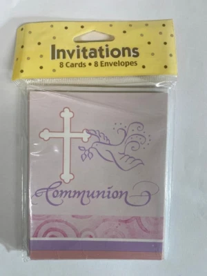 Faithful Dove Cross Pink Religious Christian Party Invitations  Communion 8 Pack - Image 1 of 2