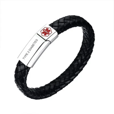 Brazalete brazalete brazalete de cuero trenzado ID de alerta médica para hombre grabado gratuito Foto 1 de 4
