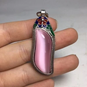 Collectied pendant Old Tibetan Silver Inlaid Pink opal Pendant With Box - Picture 1 of 9