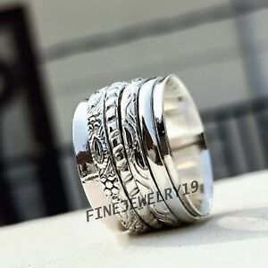 Solid 925 Sterling Silver Wide Band Spinner Ring Meditation Statement Ring GN251