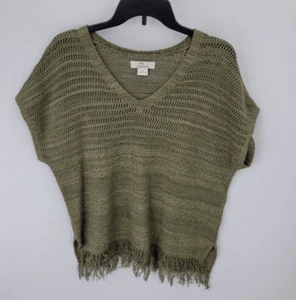 Bob Timberlake Sweater Womens Medium Green Boxy Short Sleeve Fringe Trim Boho - Picture 1 of 7