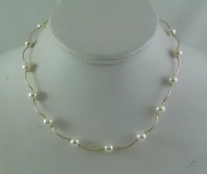 Freshwater White Pearl Necklace 14k Yellow Gold Tubes and Beads 15 1/2 Inches - Picture 1 of 4