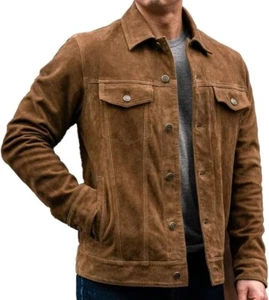 Men's Vintage Trucker Brown Suede Leather Biker Jacket - Picture 1 of 7