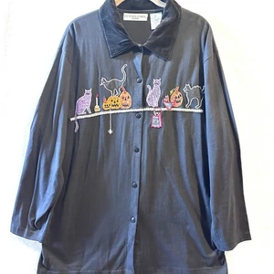 Vintage Halloween Katzen bestickt 1X Button Down Bluse Top Samt Stretch - Bild 1 von 8