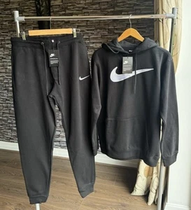 Brand New NIKE Swoosh Mens Hoodie & Joggers Full Tracksuit Black - Picture 1 of 15