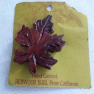 Hand Carved Leaf Pin Brooch Redwood Burl from California Muir Woods NEW  - Picture 1 of 8
