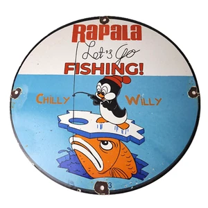Vintage Rapala Angelköder Werbeschild - Chilly Willy Porzellan Zapfsäule Schild - Bild 1 von 14