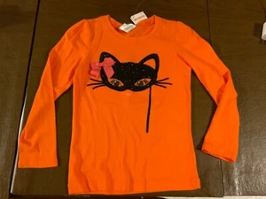 NWT Girls Gymboree L/S Shirt Top Size 4 Orange With Black Glitter Kitty Cat Face - Picture 1 of 3