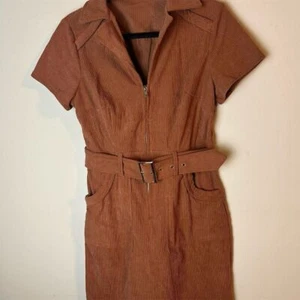 Women's Brown Corduroy Mini Dress Western Style Short Sleeve Belted Pockets S - Picture 1 of 10