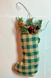 Vintage 1990s Green-White Checkered Stocking Christmas Holiday Ornament 6 in VG! - Picture 1 of 3