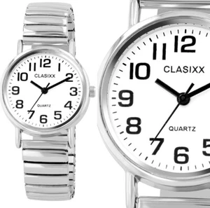Zug band Stretch Flex kleine Damen Frauen Uhr Weiß Silber silbern Armband 17/273 - Bild 1 von 3