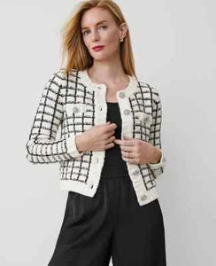 NEW $149 ANN TAYLOR tweedy button trim cardigan jacket sz L - Picture 1 of 4