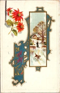 Weihnachten Vintage Postkarte Frohe Weihnachtszeit Jahreszeiten Grüße präsentiert verschneite Kunst - Bild 1 von 2