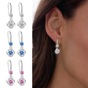 Round Cubic Zirconia Stone 925 Sterling Silver Small Drop Dangle Hook Earrings - Picture 1 of 44