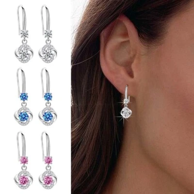 Round Cubic Zirconia Stone 925 Sterling Silver Small Drop Dangle Hook Earrings - Image 1 of 4