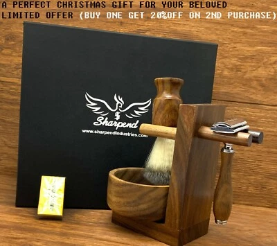 SHARPEND 5 Piece Shaving Set 5 Edge Razors & Pure Brown Badger Brush Men's Gift Kit US