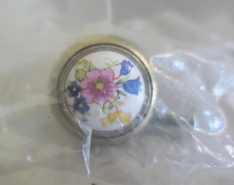 NOS Vintage Brass & Ceramic Cabinet Dresser Sideboard Drawer Painted Flower Knob Cover
