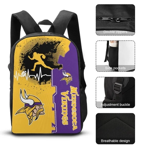 Minnesota Vikings Shoulder Backpack 17” Travel Backpack Heartbeat Sport Style Cover