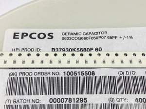 100 Stück 68pF 50V EPCOS Keramik Kondensator B37930K5680F60 0603 ±1% (M5615) - Picture 1 of 5