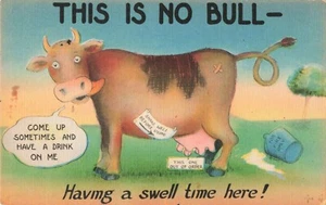 Postcard Vintage Linen Comic Humor Bull Cow Bucket Horns Artist Mike Sil B6 - Picture 1 of 2