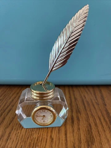 Mathey Tissot Quarts Miniature Clock /Gold Crystal Pen Holder Cover
