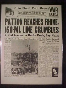 VINTAGE NEWSPAPER HEADLINE~ WORLD WAR 2  PATTON AT GERMAN RHINE RIVER WWII  1945 - Picture 1 of 6
