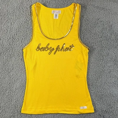 Camiseta sin mangas acanalada amarilla Baby Phat para mujer lentejuelas logotipo de gato dorado talla L de colección nueva con etiquetas Foto 1 de 4