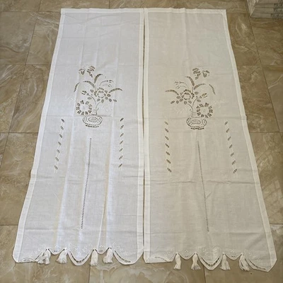 2ª coppia Di Tende Con Vaso Di Fiori Ricamato 175 × 58 Cm Lino E Cotone - Immagine 1 di 4