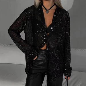 Womens Sequin Glitter Shirts Ladies Button Up See-through Club Party Tops Blouse - Picture 1 of 27