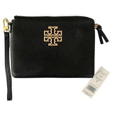 EUC Tory Burch Wristlet Black Pebbled Leather Britten Large Zip Pouch Designer - Image 1 of 4