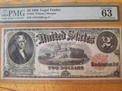 1880 $2LEGAL TENDER FR#56 S/N A3572080 PMG MS63 CHOICE UNCIRCULATED - Image 1 of 3