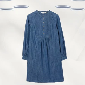 Ex Fat Face Women's Quarter Sleeve Stitch Detail Denim Dress in Blue - Picture 1 of 4