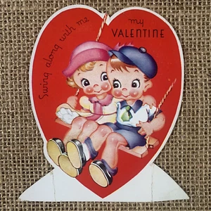 Swing Along With Me My Valentine Junge Mädchen Seil Schaukel Herz Valentinstag Karte Vintage - Bild 1 von 5