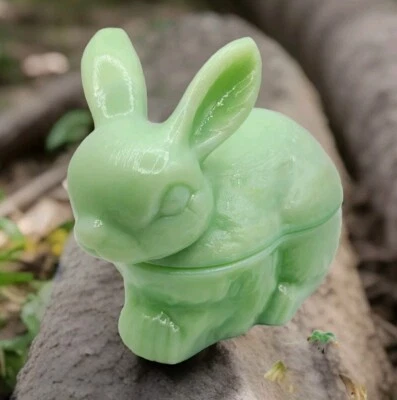 Rabbit Easter Bunny Covered Candy Dish Depression Style Green Jadeite Farmhouse