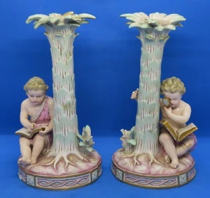 . Meissen vintage Victorian antique pair reading children ceramic candlesticks - Picture 1 of 18