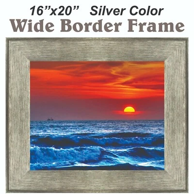 Wall picture frame, sunset at ocean, wide silver color frame, 16"x20"   - Image 1 of 4