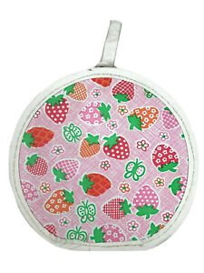 Vintage 1970s Round Hat Box Case Strawberry Print Childs Bag Snap Button Pink