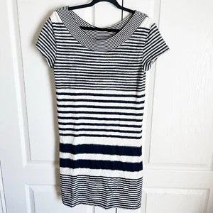 Maeve Black White Striped Knit Boatneck Short Sleeve Lined Dress Size M - Picture 1 of 5