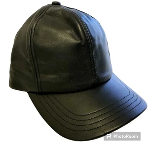 Vtg 90's Henschel Solid Black LEATHER Baseball Cap HiP HoP Streetwear Fitted Hat - Picture 1 of 7