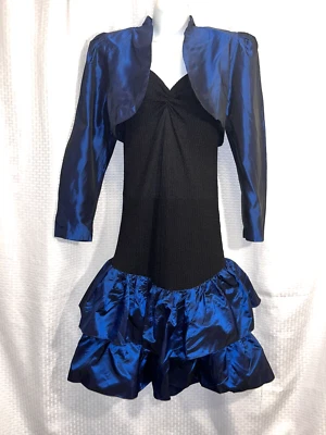 Vestido de formatura vintage Steppin’ Out preto e azul com jaqueta M - Imagem 1 de 4
