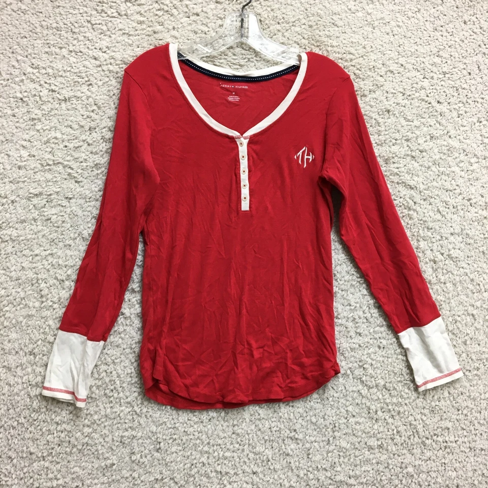 Tommy Hilfiger 睡衣上衣中号成人红色亨利长袖休闲女式 M — 第 1/4 张图片