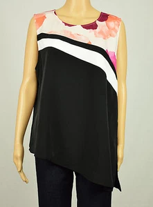 Calvin Klein Womens Black White Multi Floral Asymmetrical Tank Blouse Top XL - Picture 1 of 4