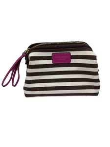Borsa cosmetica trucco Henri Bendel New York marrone e bianca a righe con cerniera - Foto 1 di 6