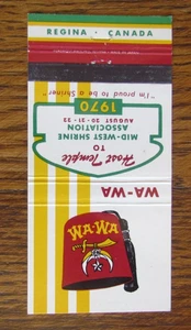 WA-WA SHRINERS MATCHBOOK COVER: REGINA, SASKATCHEWAN 1970 RED FEZ MATCHCOVER -A9 - Picture 1 of 2