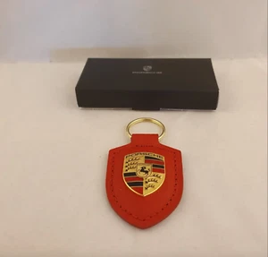 Porsche Leather Crest Key Fob Red Keyring Chain Ring 911 Genuine-New Full Box - Picture 1 of 2