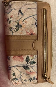 Damen Clutch Geldbörse Blumen Design Kartenetui Reißverschluss außen braun mit rot - Bild 1 von 6