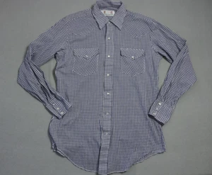 Vintage H Bar C Polo Pearl Snap Button Up Shirt Mens 15.5-34 Blue Check USA Made - Picture 1 of 12