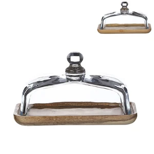 Wooden Butter Dish With Clear Glass Lid, Stylish Rectangular Display Tray, For B - Picture 1 of 18