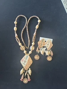 Carved Coconut Shell Beaded Necklace & Earrings - Picture 1 of 7